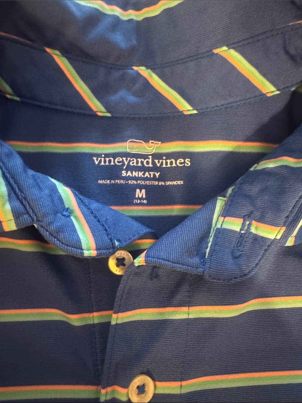 Vineyard Vines Sankaty Blue Polo with Mint and Coral Stripes